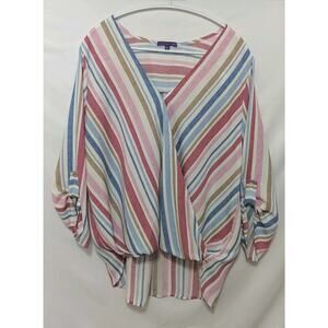 West Kei Women's Top Blouse Striped Wrap V-Neck Hi Lo Summer Beach Vacation